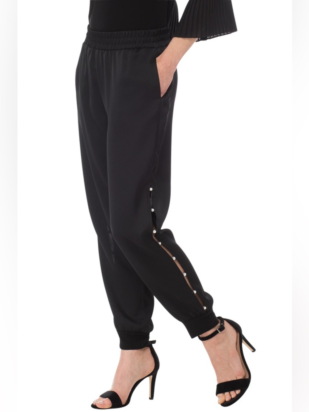 Joseph Ribkoff Black Satin Joggers with Pearl Accents (Style 183467)